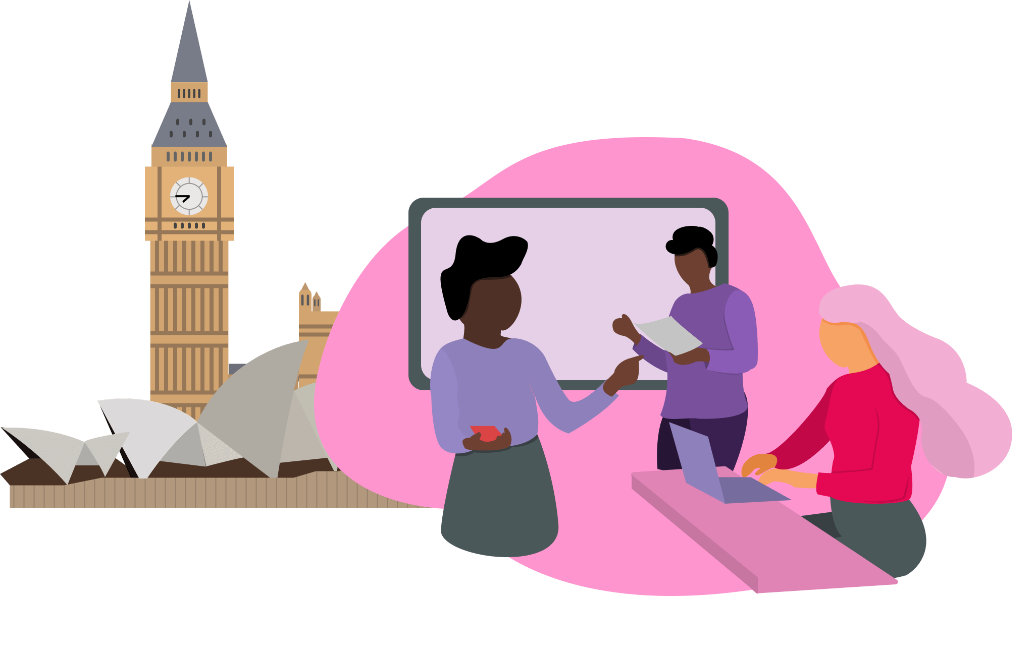 Illustration of staff and students working together around their computers with the Palace of Westminster and the Sydney Opera House in the background